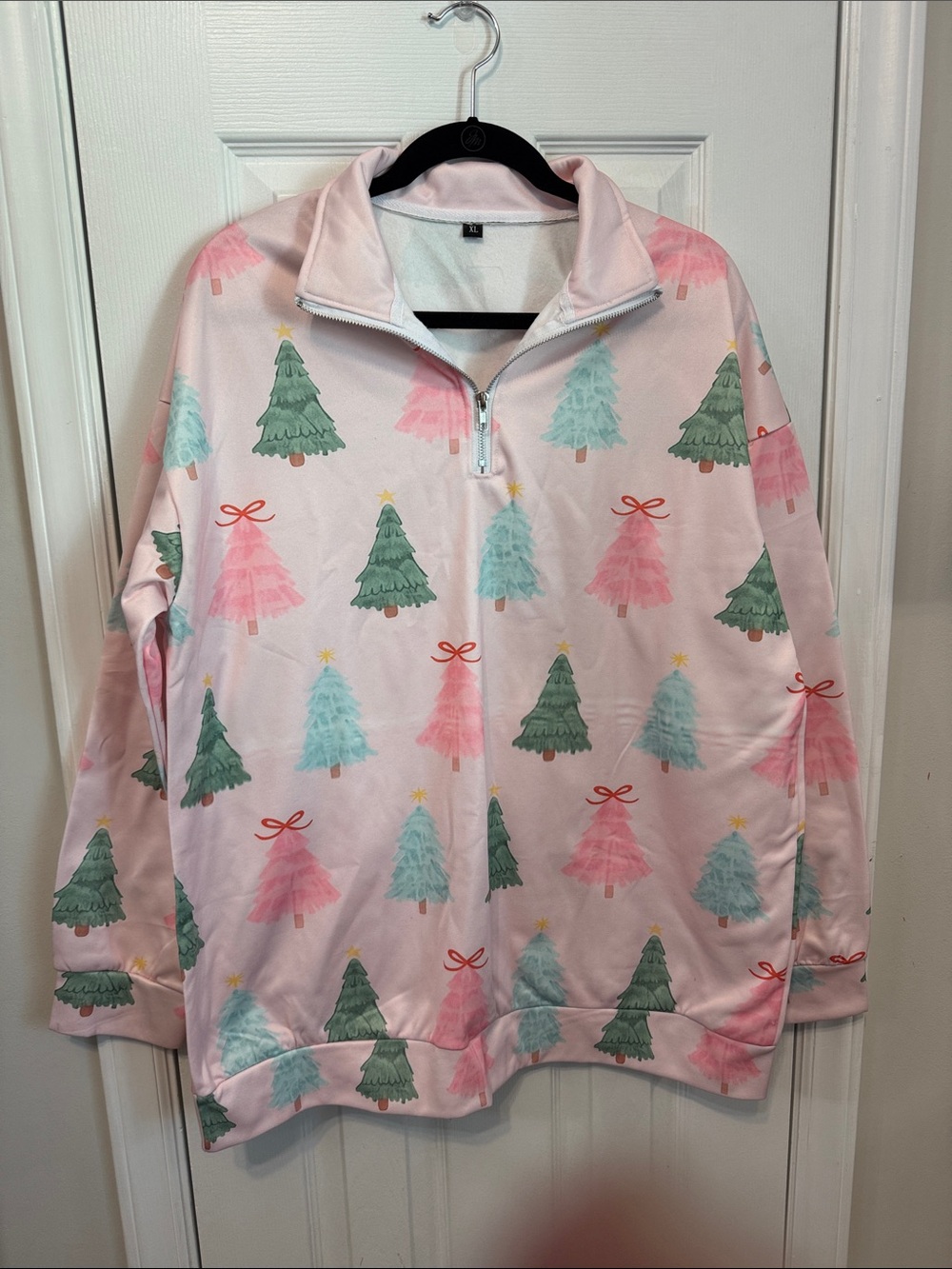 Women's Pink Holiday Quarter-Zip Sweatshirt with Tree Print